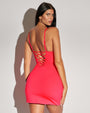Women wears Mini Wrap Skirty Built-in Shapewear Swim Cover-Up - Hot Coral side view