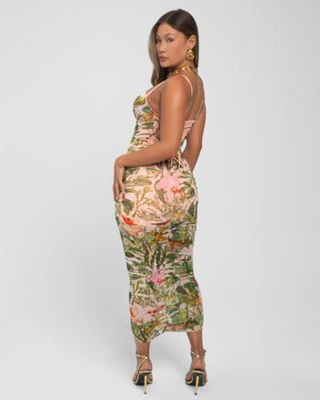 Model wears Sweetie Mesh Column Midi Shapewear Dress - Floral Ambrosia back view