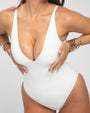 Model wears Brazilian Plungey Cheeky One Piece Shapewear Swimsuit - White close up details