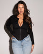 Model wears Long Sleeve Corsety Sculpting Shapewear Top - Black back view unzipped