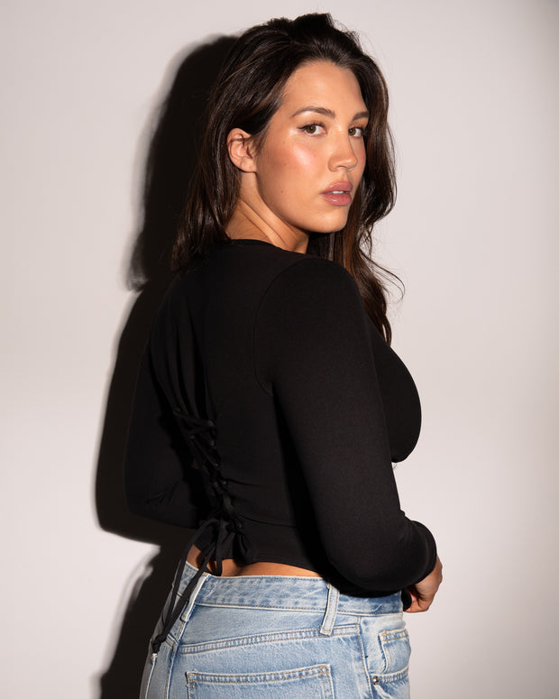 Model is in Long Sleeve Corsety Sculpting Shapewear Top - Black back view