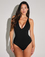 Model wears Plungey - Black Open Back One Piece Shapewear Swimsuit front view