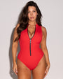 Model is in Sleeveless Surfy One Piece Shapewear Swimsuit - Red