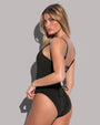 Model wears Lacey One Piece Open Back Sculpting Shapewear Swimsuit - Black side view