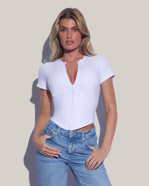 Model wears Short Sleeve Corsety Sculpting Shapewear Top - White with jeans front view