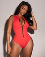 Model wears Sleeveless Surfy One Piece Shapewear Swimsuit - Red front view unzipped