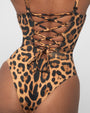 Brazilian Plungey Cheeky One Piece Shapewear Swimsuit - Symmetric Leopard back view close up