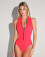 Model wears Sleeveless Surfy One Piece Shapewear Swimsuit - Hot Coral front view