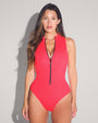 Model wears Sleeveless Surfy One Piece Shapewear Swimsuit - Hot Coral front view