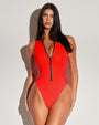 Model is in Hi Cut Sleeveless Surfy One Piece Shapewear Swimsuit - Red