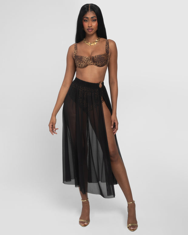 Model wears Ringy Sheer Slit Skirty - Black Cover Up Midi Skirt full view front
