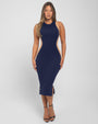 Model wears Illusion Column Midi Shapewear Dress - Contour Midnight/Sand full front view