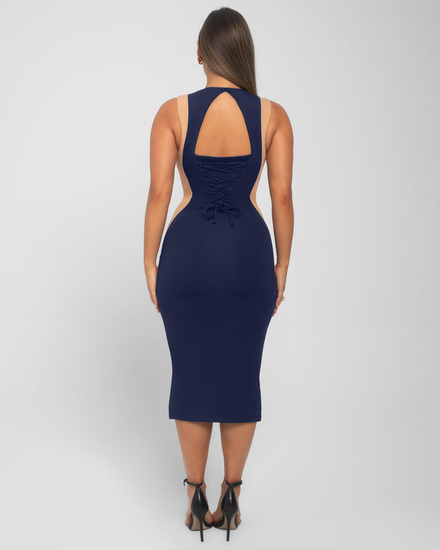 Model wears Illusion Column Midi Shapewear Dress - Contour Midnight/Sand back view