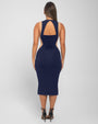 Model wears Illusion Column Midi Shapewear Dress - Contour Midnight/Sand back view