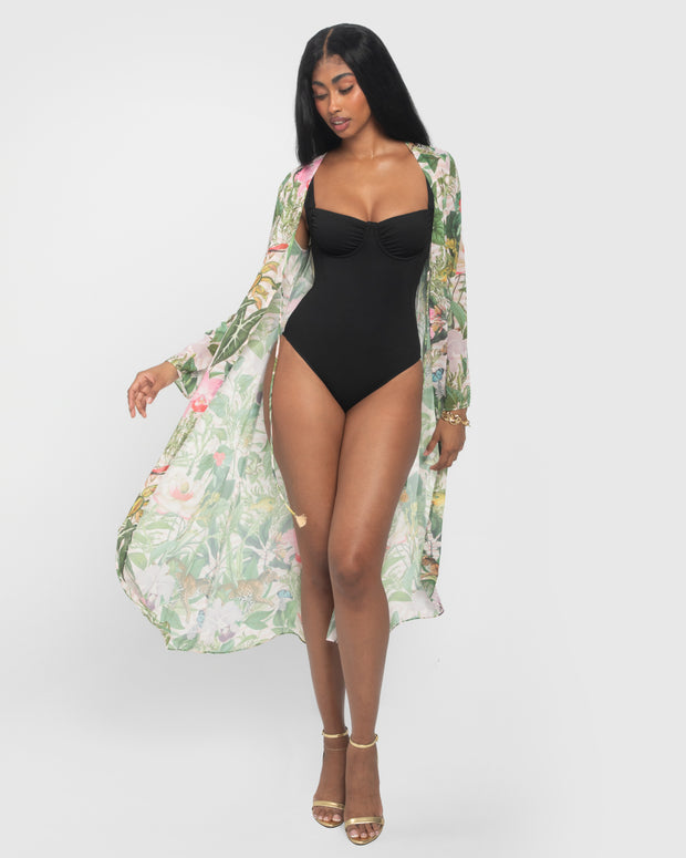 Model wears Full-Length Open Front Chiffon Cover Up - Floral Ambrosia full body front view open front