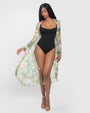 Model wears Full-Length Open Front Chiffon Cover Up - Floral Ambrosia full body front view open front