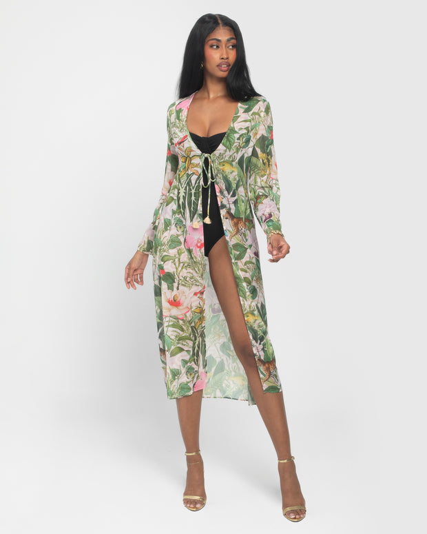 Model wears Full-Length Open Front Chiffon Cover Up - Floral Ambrosia full body front view