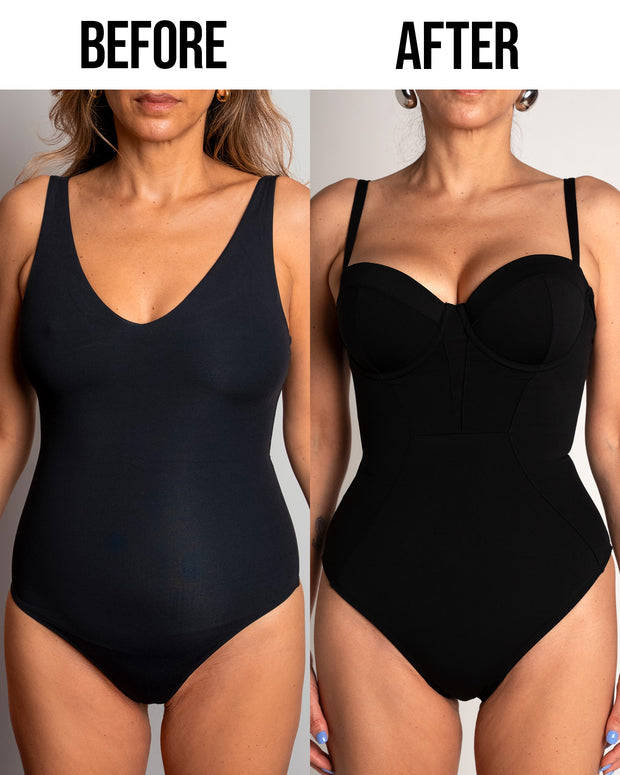 Before and after with Bombshell Sculpting Bra-Sized Shapewear Swimsuit - Black