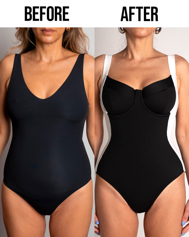 before and after model wears Lifty - Contour Black/White One Piece Shapewear Swimsuit