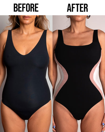 Before and after in Squarey - Black/Rose/White Square Neck Shapewear Swimsuit