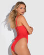 Model is posing in Hi Cut Pammy One Piece Sculpting Shapewear Swimsuit - Red side view