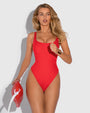 Model is posing in Hi Cut Pammy One Piece Sculpting Shapewear Swimsuit - Red front view