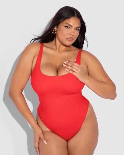 Size Large Model is posing in Hi Cut Pammy One Piece Sculpting Shapewear Swimsuit - Red front view