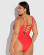 Size Large Model is posing in Hi Cut Pammy One Piece Sculpting Shapewear Swimsuit - Red back view