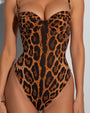 Model wears Brazilian Bombshell - Symmetric Leopard Shapewear Swimsuit front view close up
