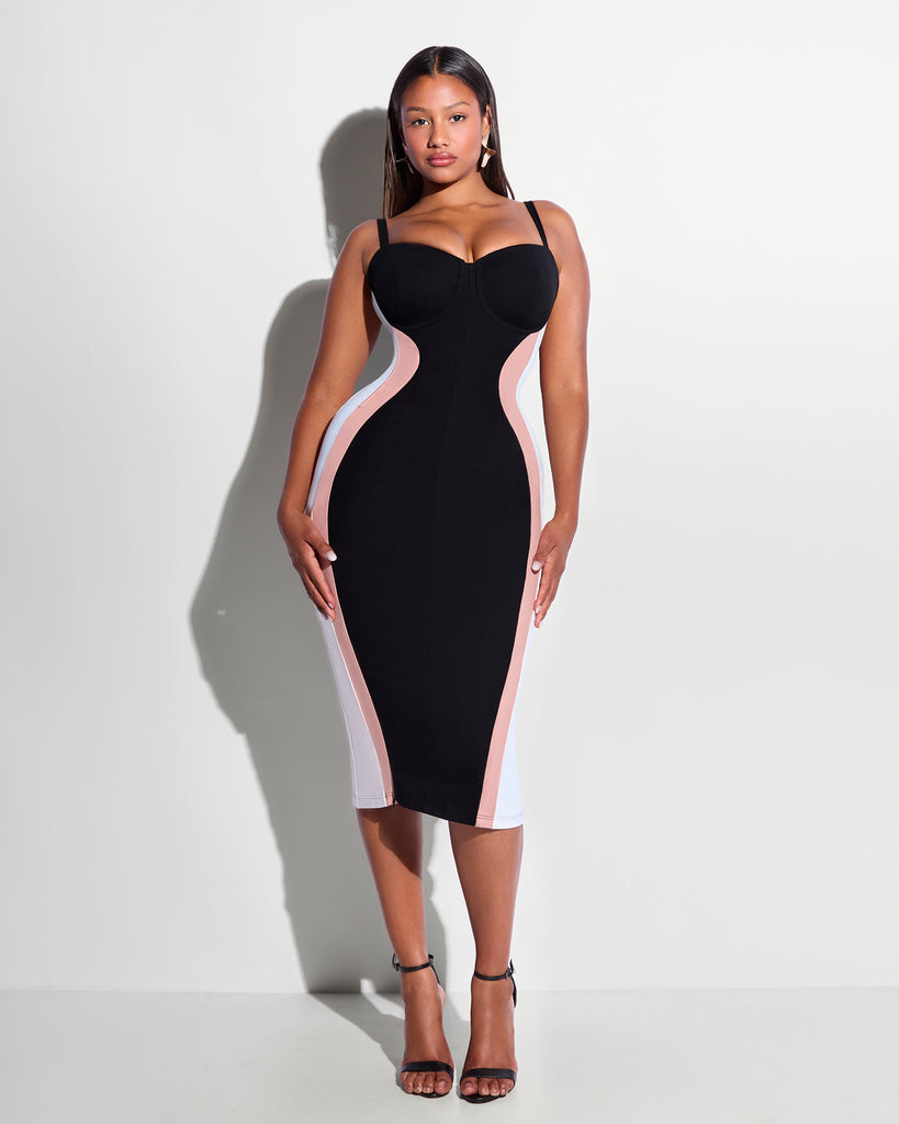 Model wears Seamed Lushy Pencil Shapewear Dress - Contour Black/Rose/White full front view