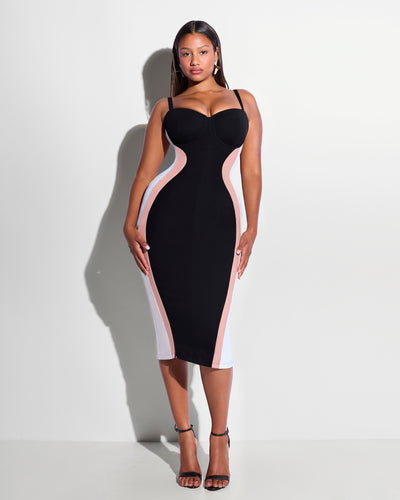 Model wears Seamed Lushy Pencil Shapewear Dress - Contour Black/Rose/White full front view