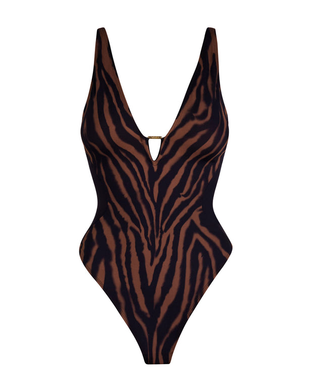Outline image showing Hi Cut Plungey Triangle Shapewear Swimsuit - Mocha Zebra/Black