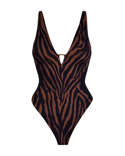 Outline image showing Hi Cut Plungey Triangle Shapewear Swimsuit - Mocha Zebra/Black