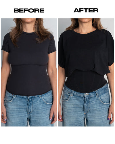 before and after with Model wears Corset Blousey Raglan Sleeve Shapewear Tee - Black