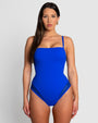 Size Medium Model is wearing Squarey Thin Strap Square Neck Shapewear Swimsuit - Sapphire front view