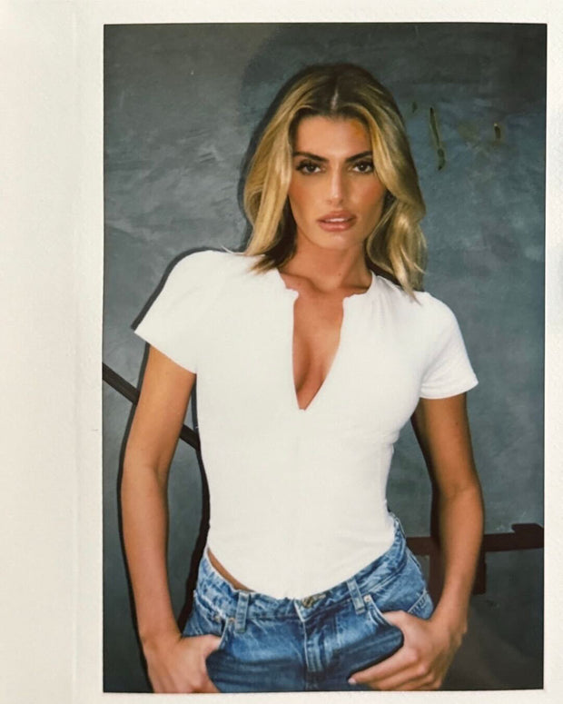 Polaroid photo of Model wearing Short Sleeve Corsety Sculpting Shapewear Top - White