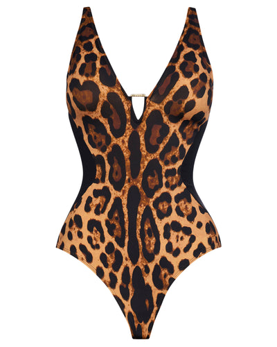 Outline image showing Plungey Triangle - Symmetric Leopard/Black Shapewear Swimsuit with Deep plunge neckline