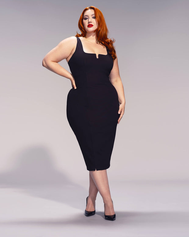XL Size Model Wears Notchy Pencil Front Slit Shapewear Dress - Black Front View