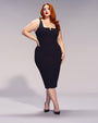 XL Size Model Wears Notchy Pencil Front Slit Shapewear Dress - Black Front View