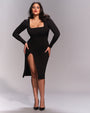 Size Large Model wears Squarey Long Sleeve Midi Shapewear Dress - Black full front view unzipped zipper