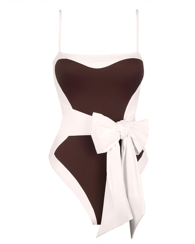 Model wears Sashy One Piece Shapewear Swimsuit - Frame Espresso/Ivory side view