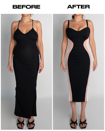 Before and after in Seamed Lushy Midi Dress - Contour Black/Rose/White