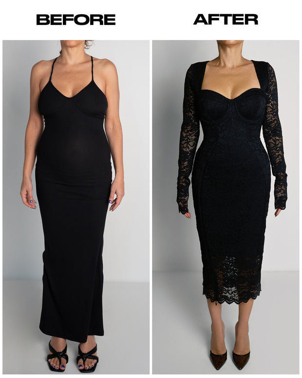 Before and after of Seamed Lushy Long Sleeve Midi Dress - Lace Black