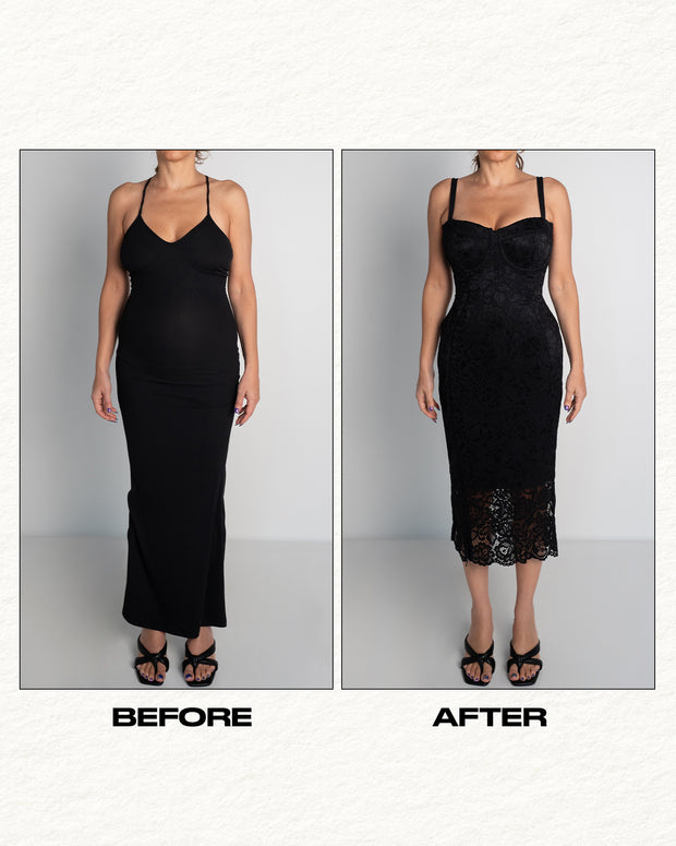 Before and after in Seamed Lushy Pencil Midi Shapewear Dress - Lace Black full front view