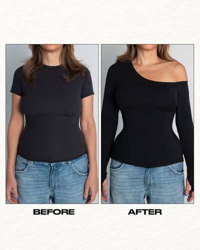 Before and after for Shapey Long Sleeve One Shoulder Sculpting Shapewear Top - Black