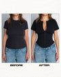 Before and after in Short Sleeve Corsety Sculpting Shapewear Top - Black