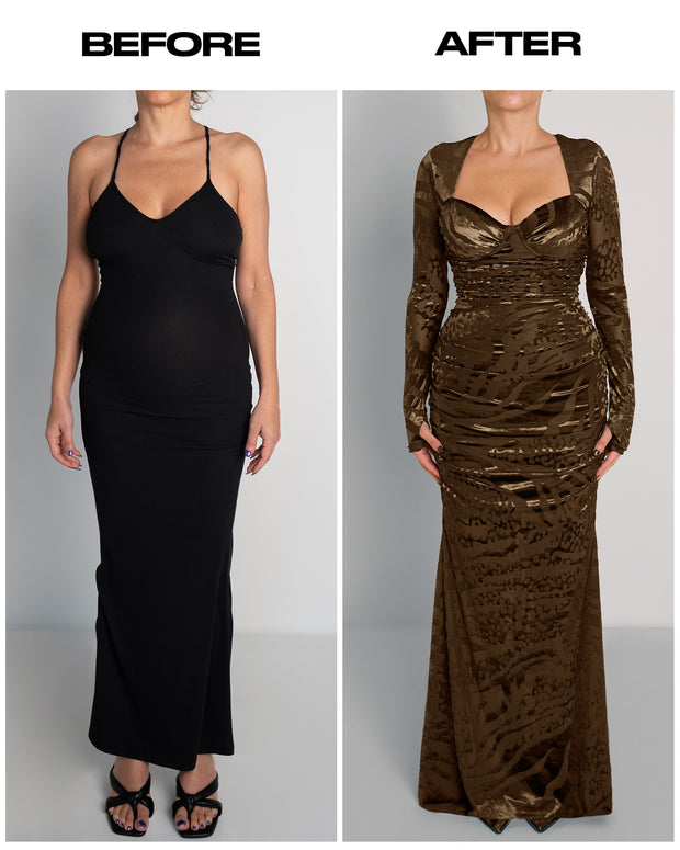 Before and after of Sweetie Long Sleeve Gown - Velvet Mesh Espresso