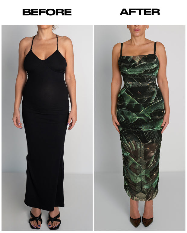 Before and after of Sweetie Mesh Column Dress - Black Lily