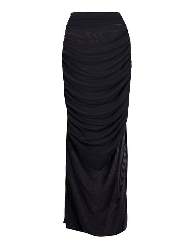 Outline image showing Ruched Sheer Side Slit Maxi Skirty - Black