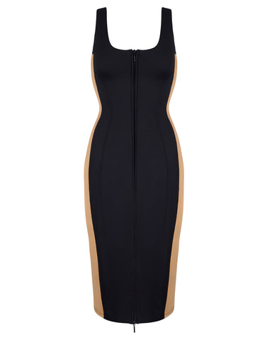 Model wears Corsety Scoop Neck Pencil Shapewear Dress - Contour Black/Sand back view